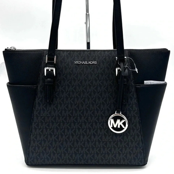 Michael Kors Large Charlotte Tote Bag Black/Silver (NWT) - Picture 2 of 10